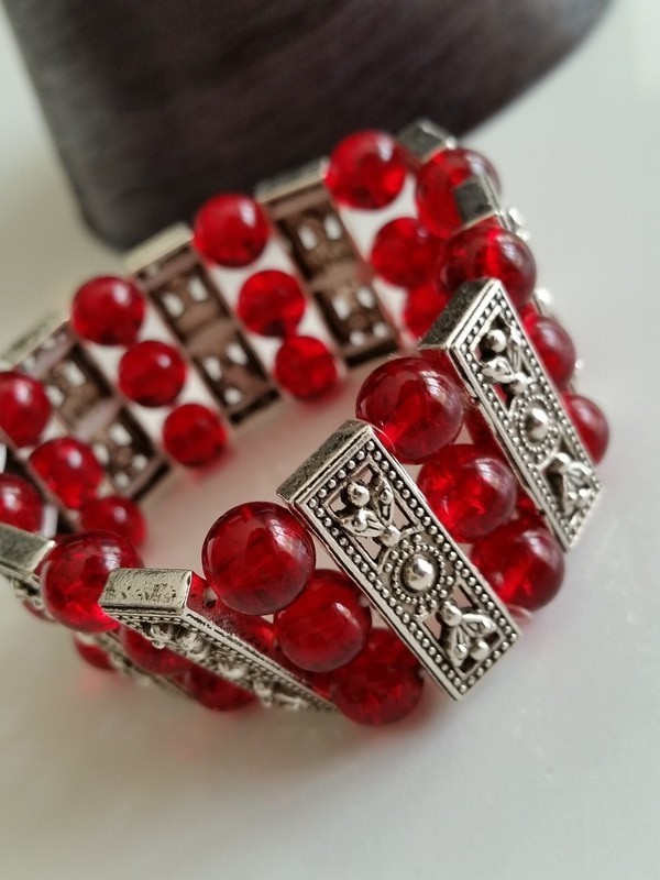 Joli Bracelet Style Tibétain en Argent Tibétain et Verre Coloré